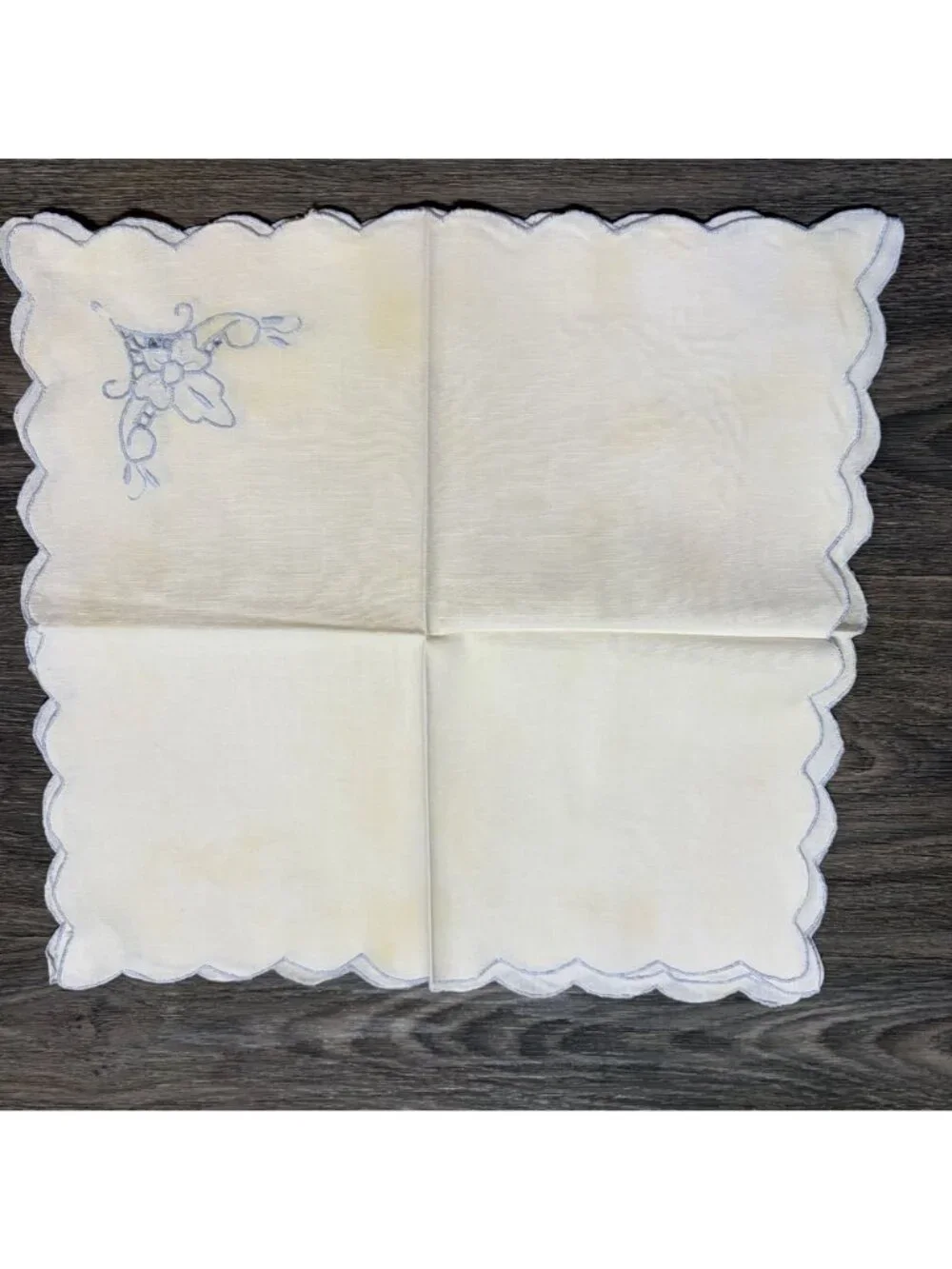 Set 6 Vintage White Linen Napkins Scalloped Blue Embroidered Floral Cottagecore